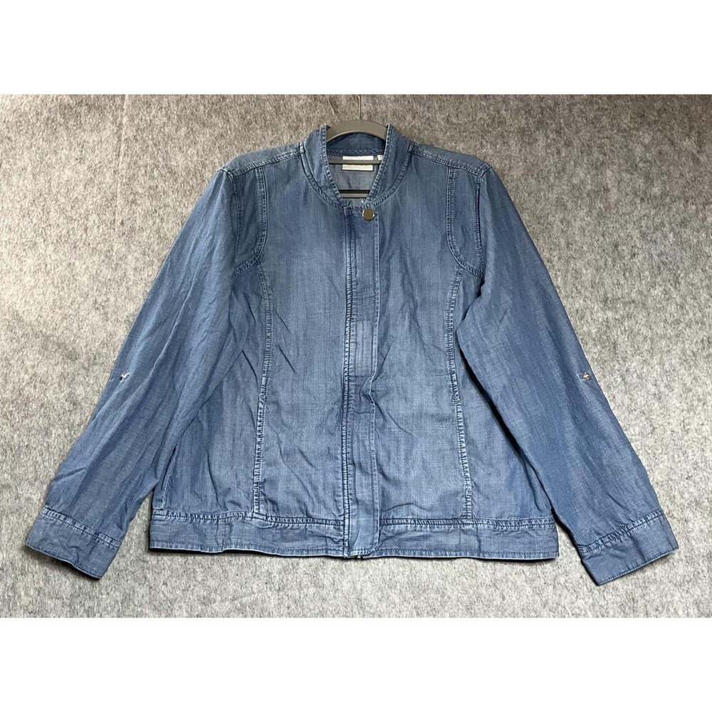 Chicos Jacket Womens 2 Large Blue Denim Embroidered Bird Zip Front Lightweight